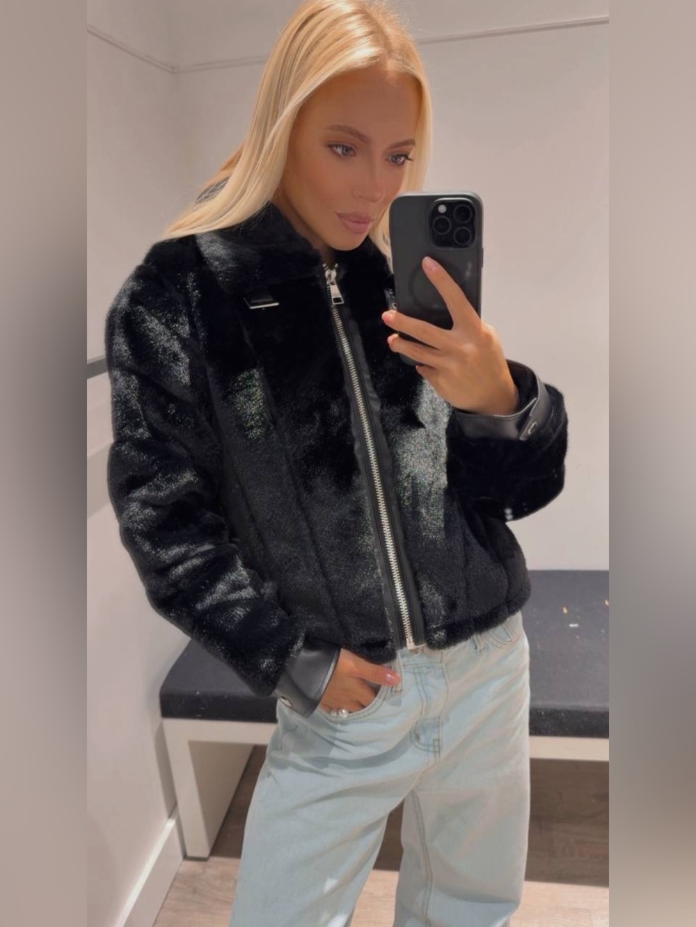 Karl Lagerfeld Paris Women’s Black Faux Fur Moto Jacket